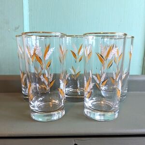 Set of 5 Libbey Wheat Glass with gold rim glassware vintage excellent condition